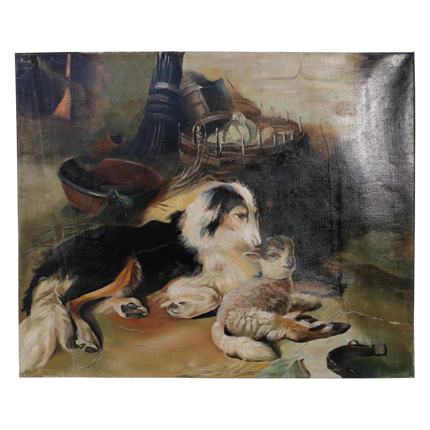 Peinture à l'huile sur toile vintage représentant un chien et un agneau en vente