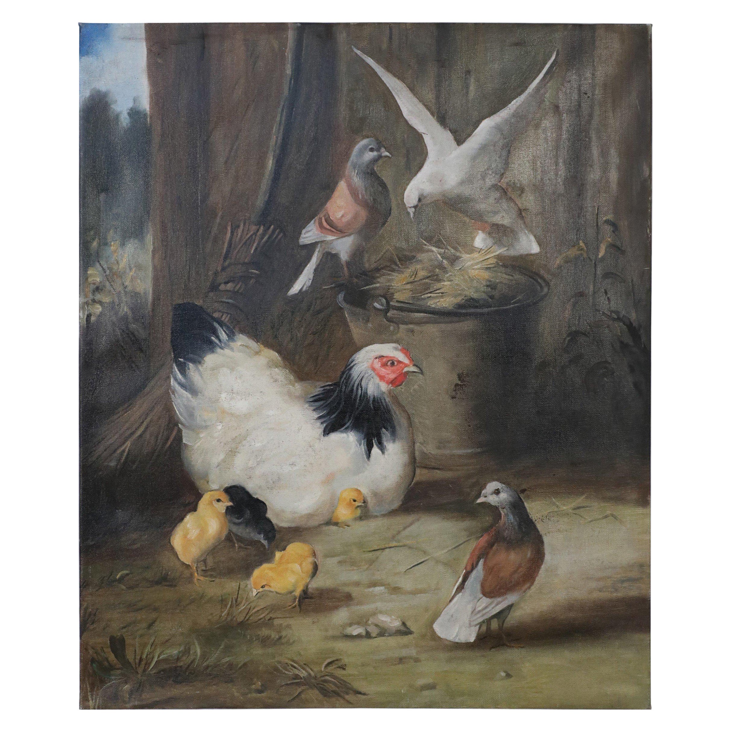 Feeding Fowl Oil Painting on Canvas For Sale