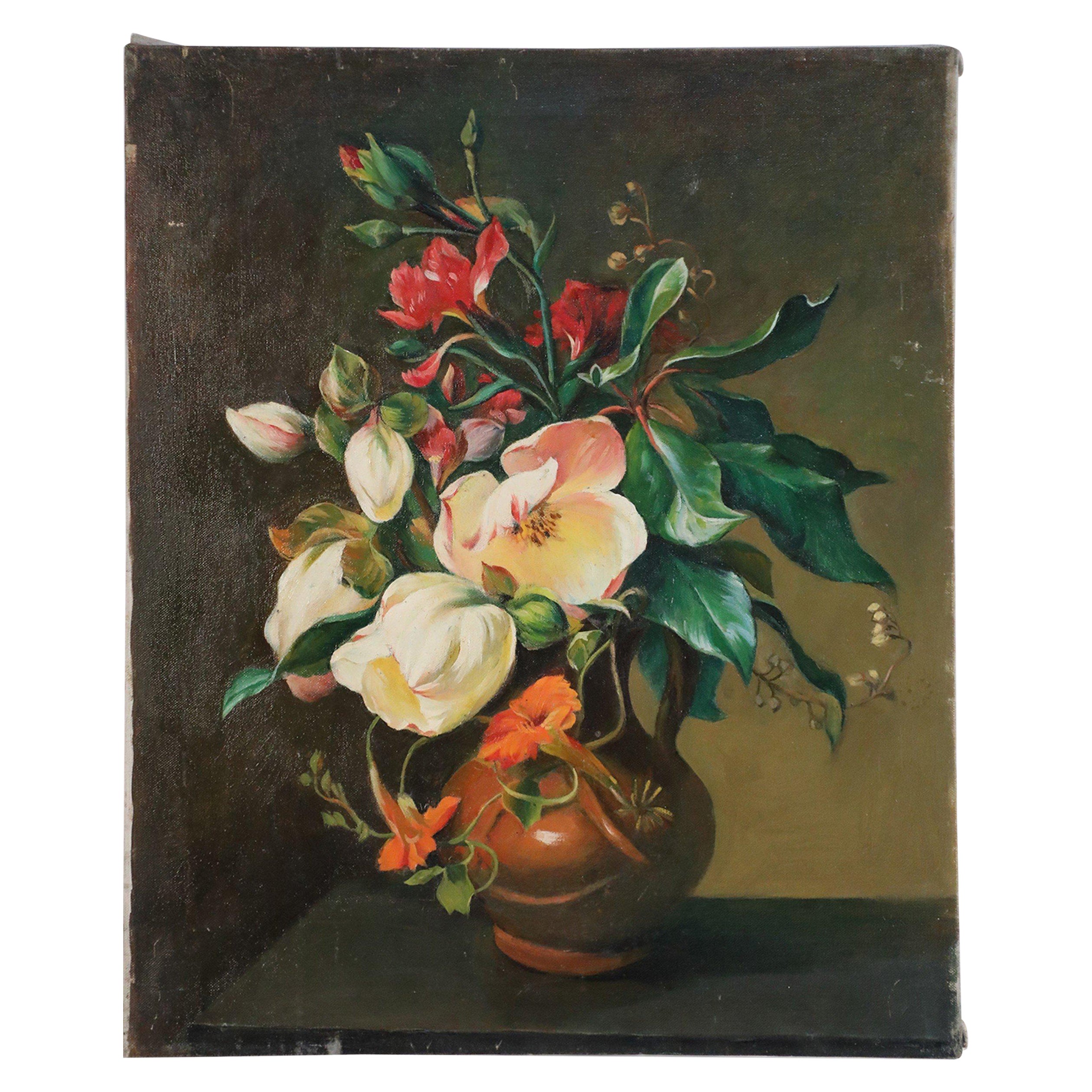 White and Pink Floral Arrangement Still Life Painting on Canvas For Sale