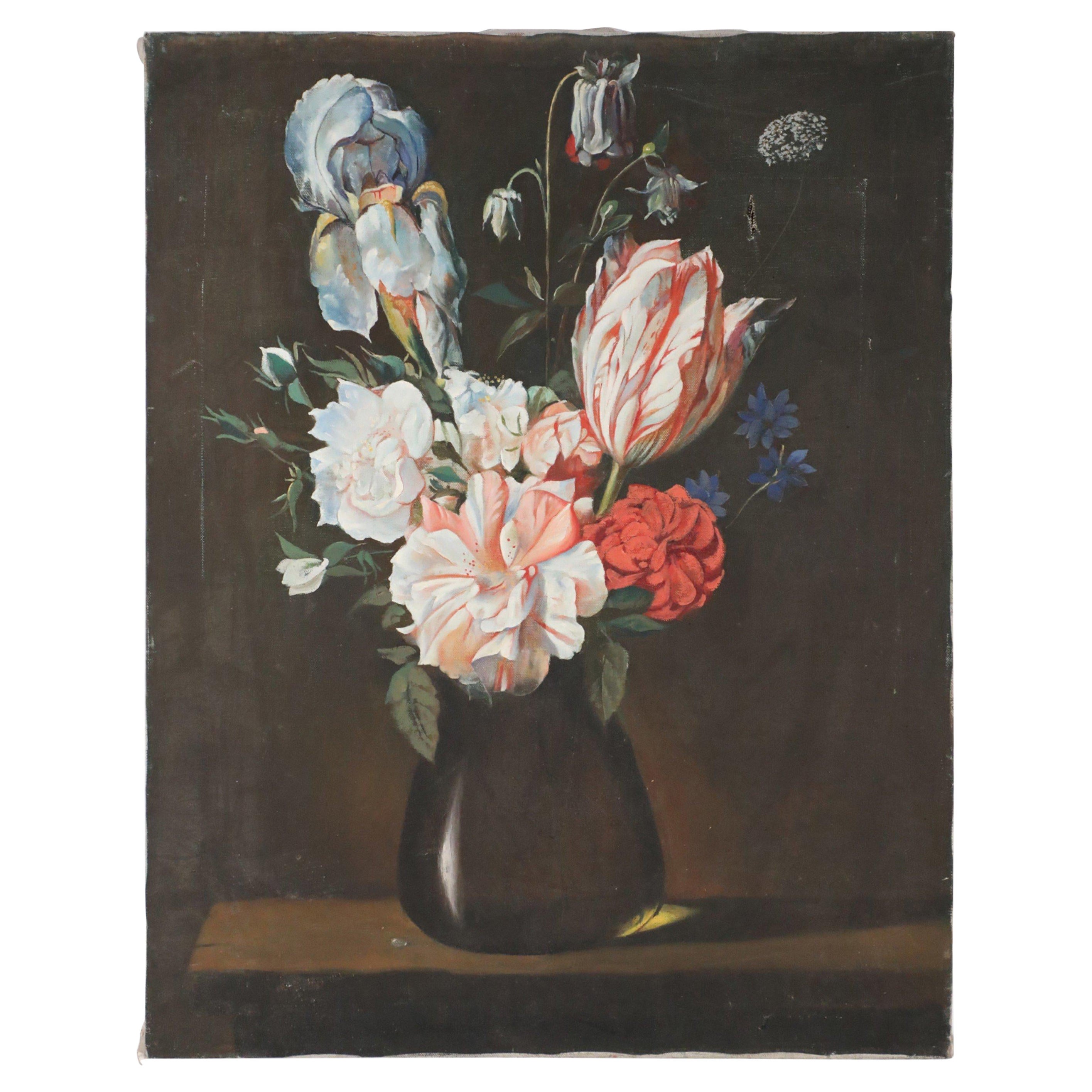 Florals in Vase Still Life Oil Painting on Canvas For Sale