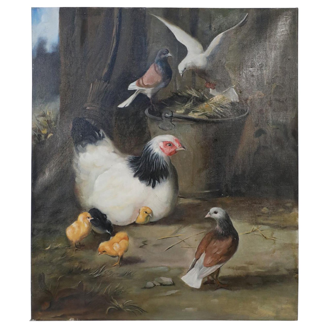 Feeding Fowl Oil Painting on Canvas For Sale