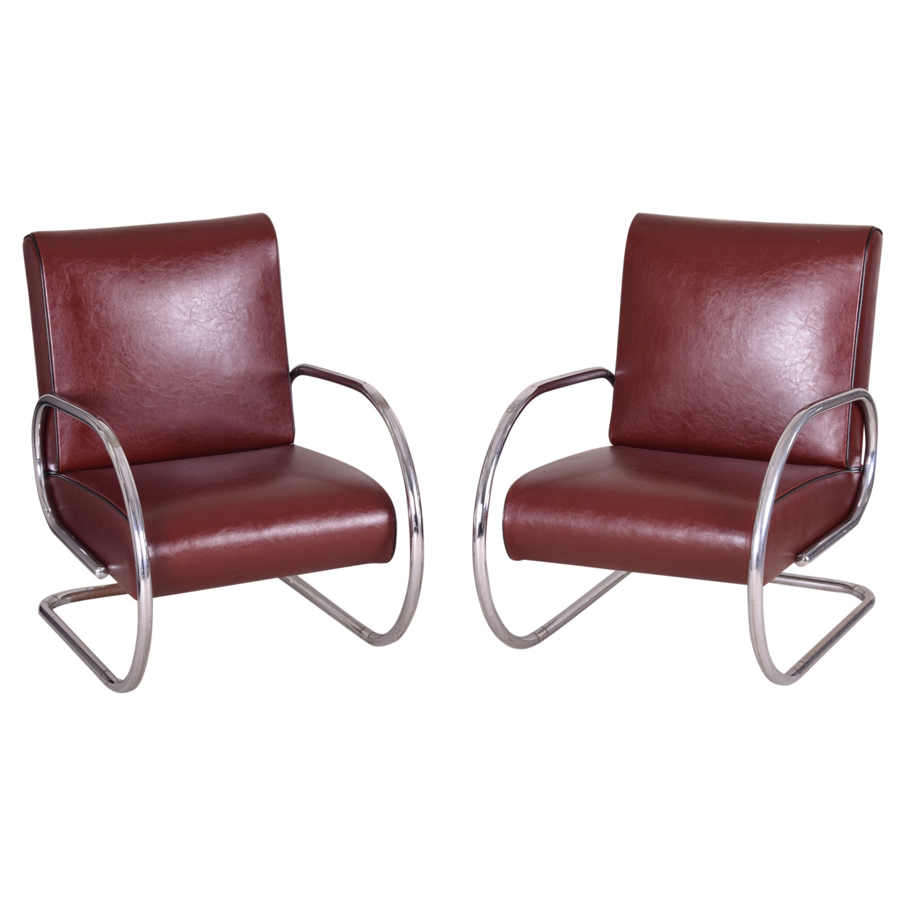 Burgundy Tubular Armchairs, New High Quality Leather Upholstery, 1930s For Sale