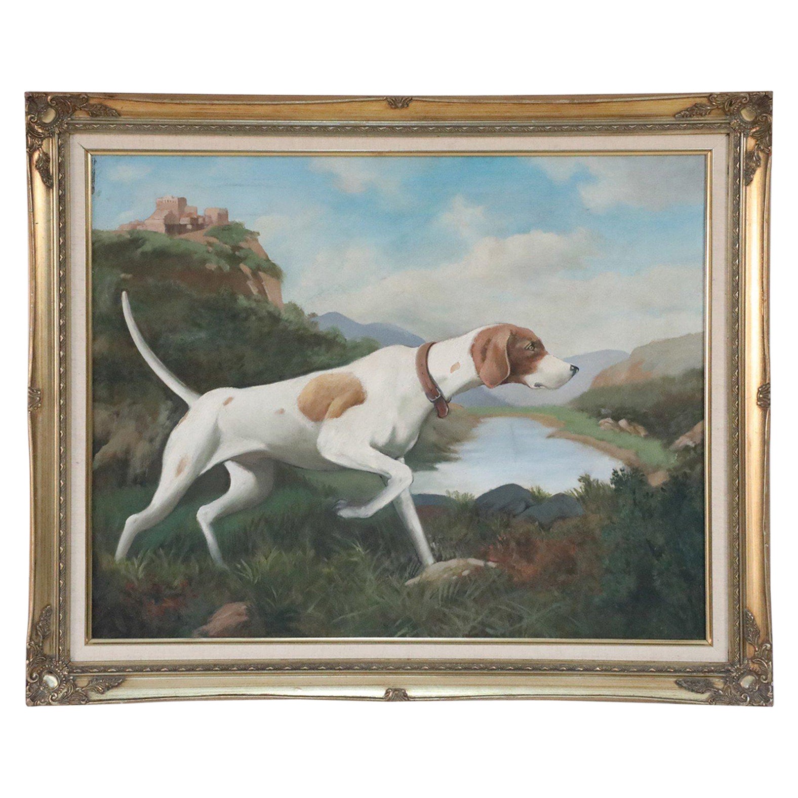 Framed Brown and White Pointing Dog Painting For Sale