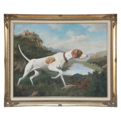 Vintage Framed Brown and White Pointing Dog Painting