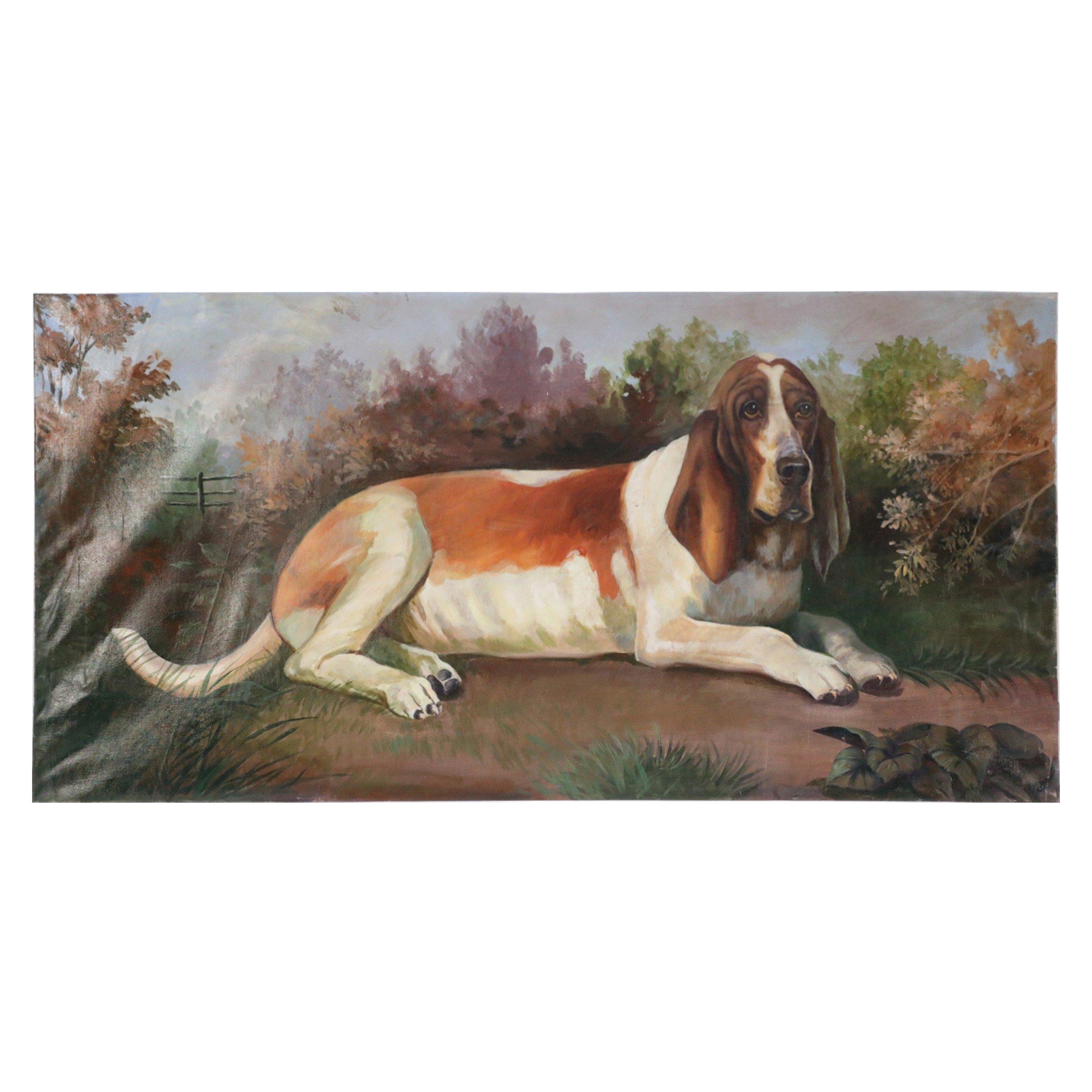 Portrait of a Basset Hound in Nature Painting on Canvas For Sale