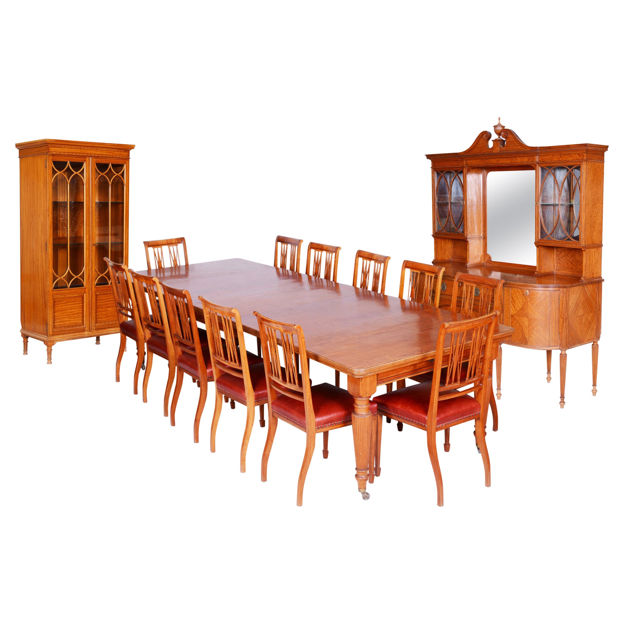 Ensemble de salle à manger britannique d'origine du 19ème siècle avec 12 chaises, bois de satin