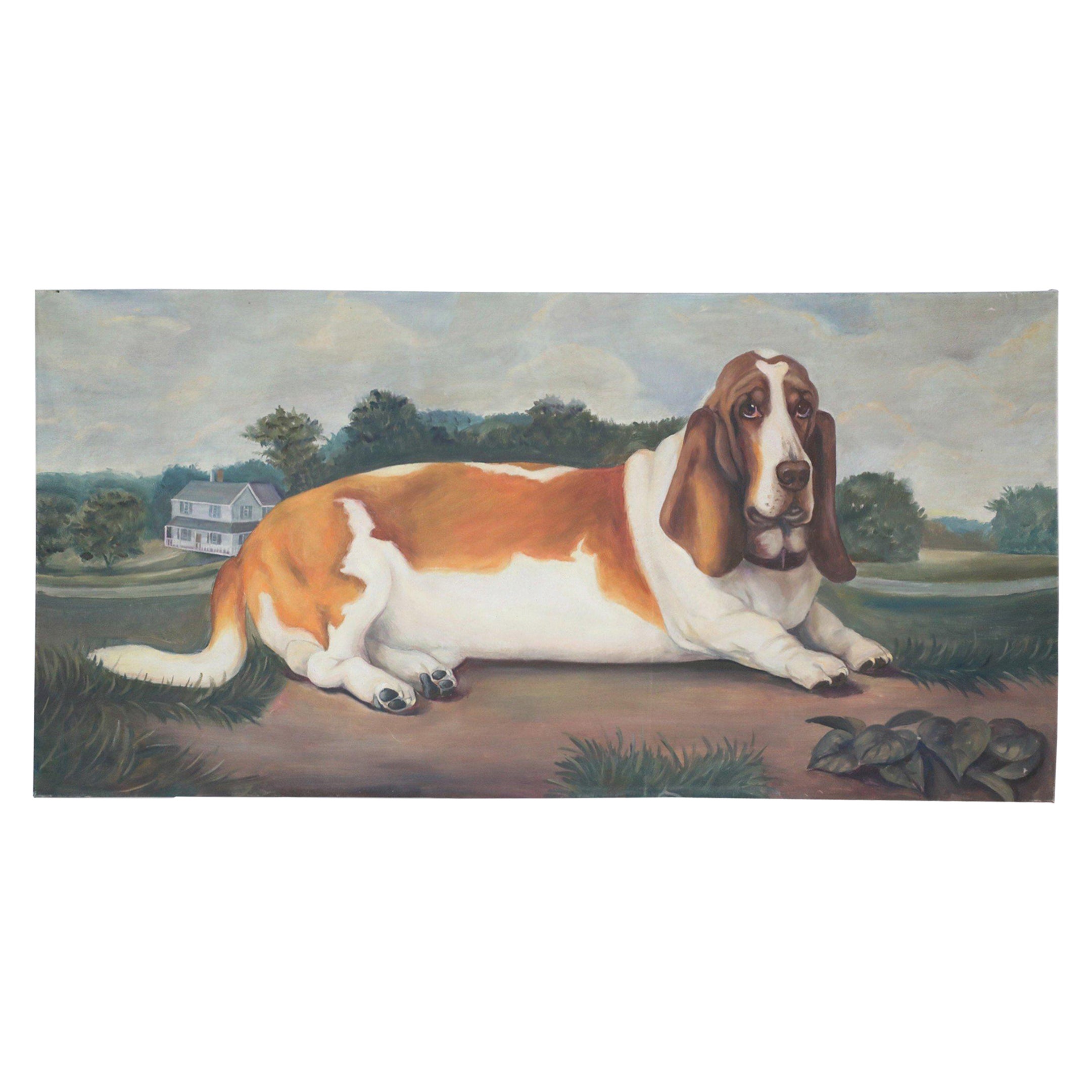 Portrait d'un chien de basset dans la nature, peinture sur toile