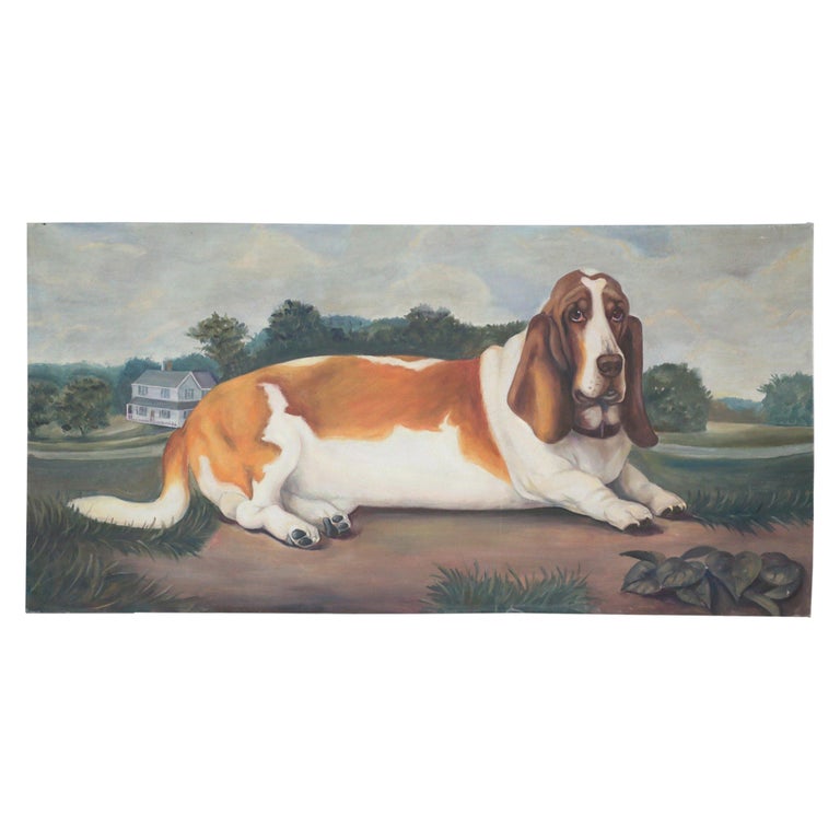 Portrait of a Basset Hound in Nature Painting on Canvas For Sale at 1stDibs