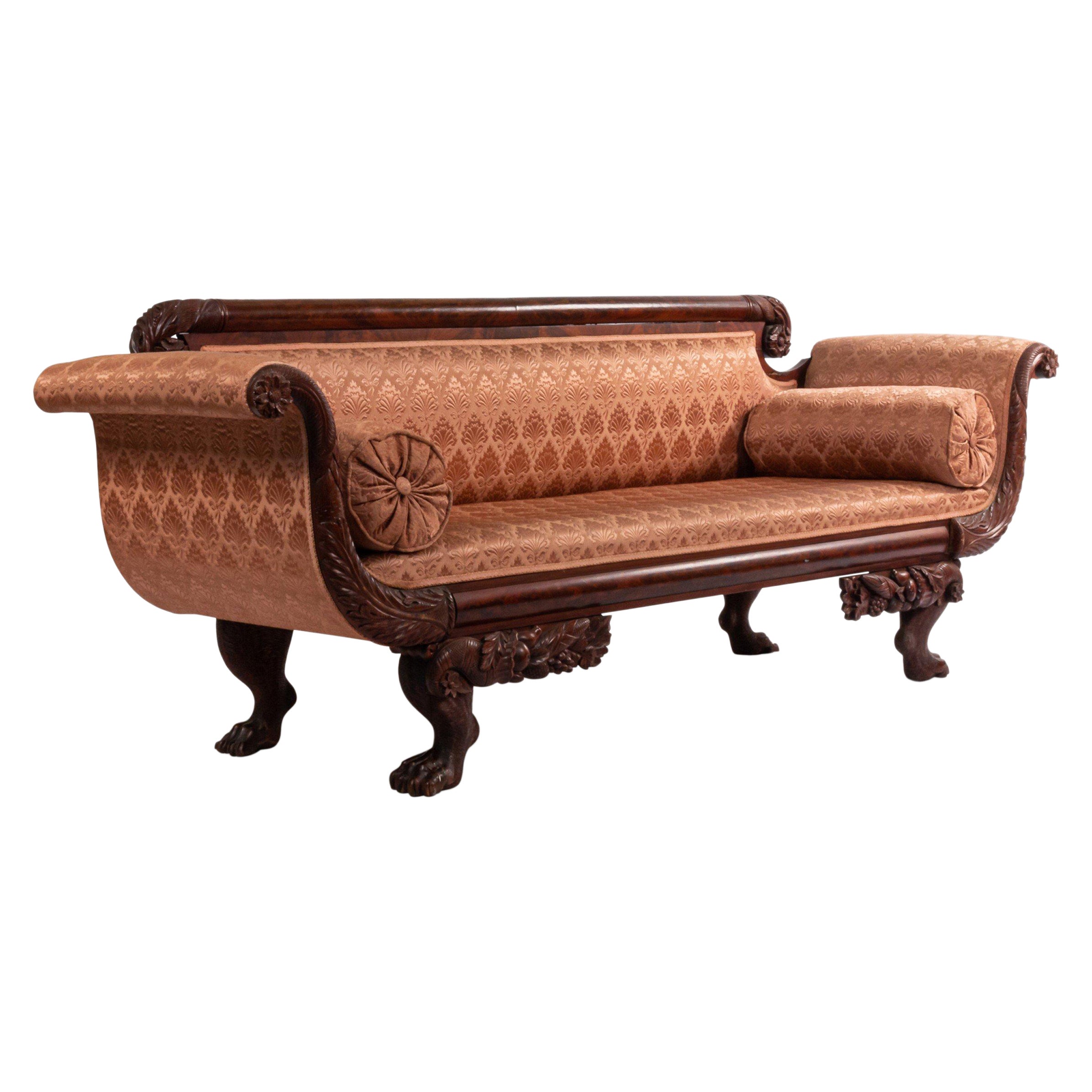 American Empire Style Mahogany Sofa with Peach Upholstery For Sale