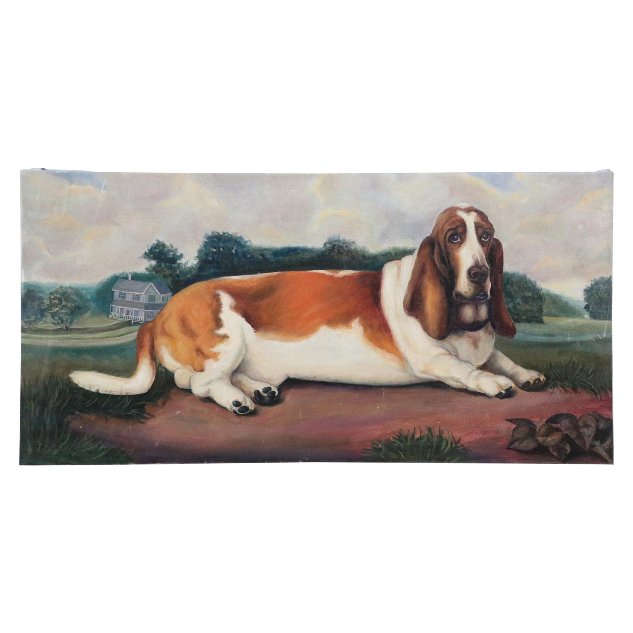 Portrait d'un chien de basset dans la nature, peinture sur toile en vente