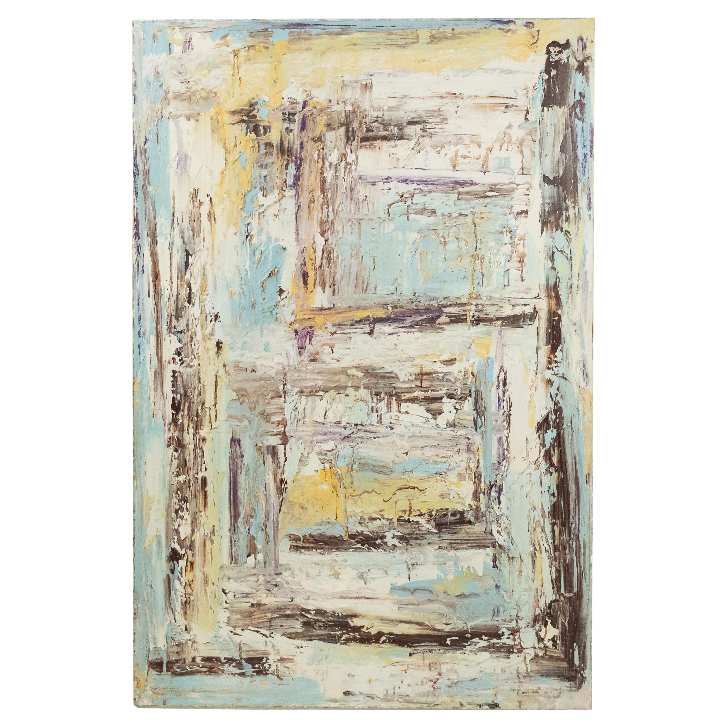 Abstraktes abstraktes Gemälde aus schwarzen Quadraten mit blauen und gelben Schleifen im Angebot