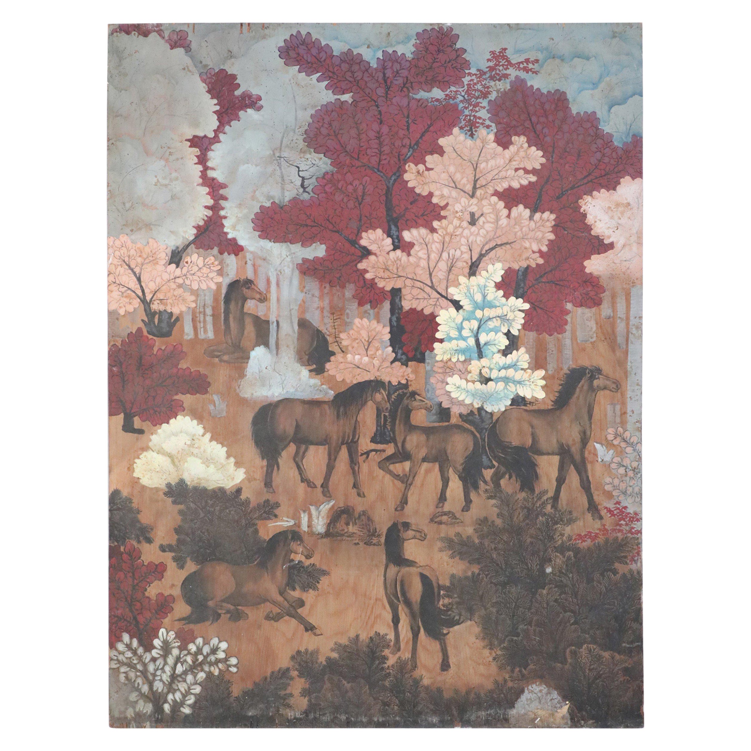Horses in Autumn Forest Painting on Wood For Sale