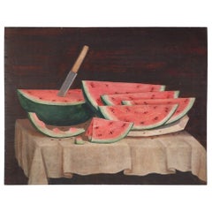 Pittura di natura morta con anguria e coltello su Wood