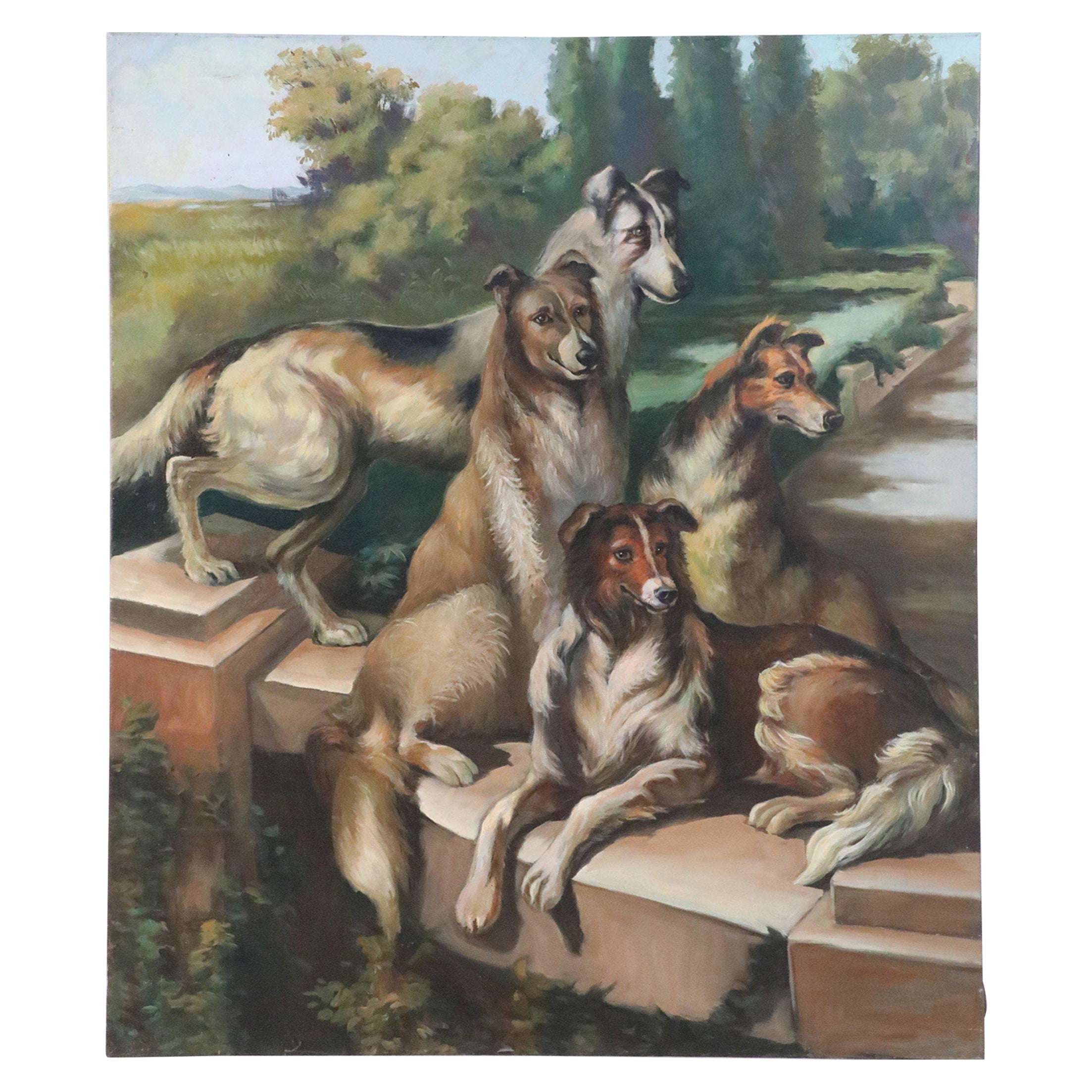Peinture à l'huile sur toile - Portrait de chiens réunis sur des marches en vente