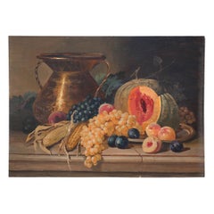 Nature morte aux fruits, légumes et urne en or sur Wood Wood