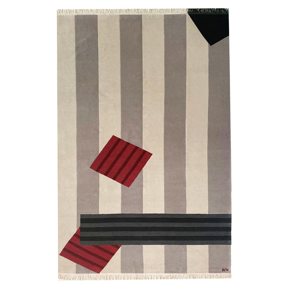 Tapis en laine rouge moderne géométrique neutre blanc noir gris rayé noué