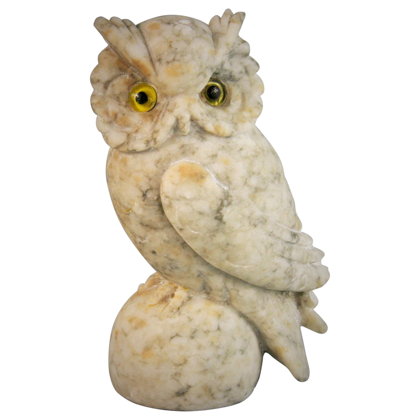 Italian Hand Carved Alabaster Garden  Owl Sculpture with Glass Eyes