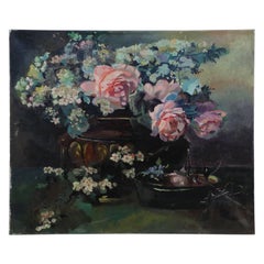 Vintage Pink Rose and Multicolor Hydrangea Arrangement Painting on Canvas