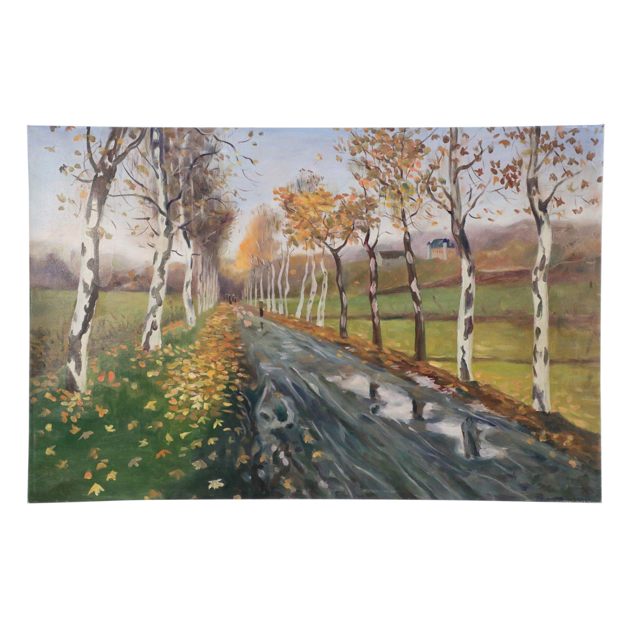 Birch Tree Lined Road and Landscape Painting on Canvas For Sale