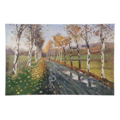 Birch Tree Lined Road and Landscape Painting on Canvas