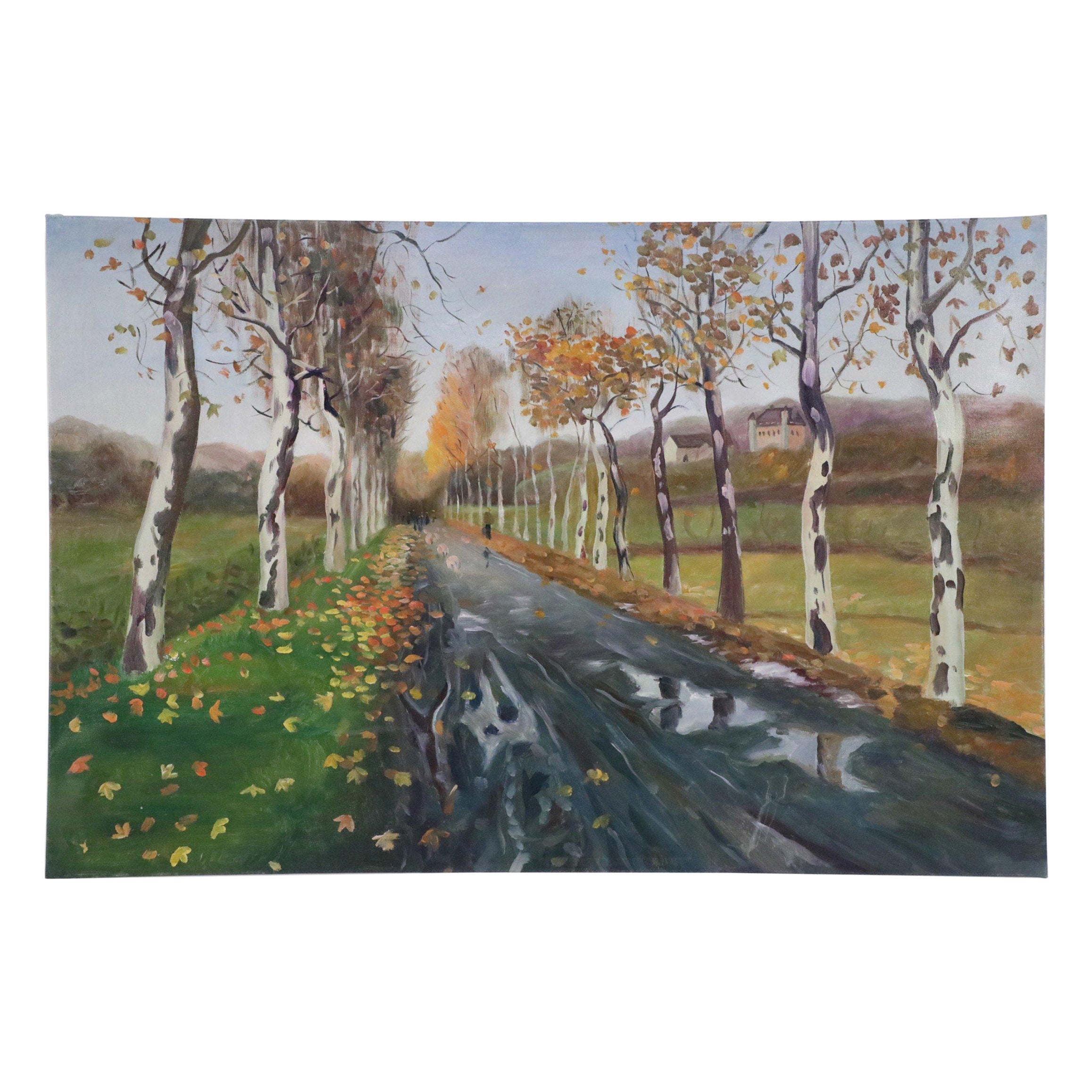 Birch Tree Lined Road and Landscape Painting For Sale