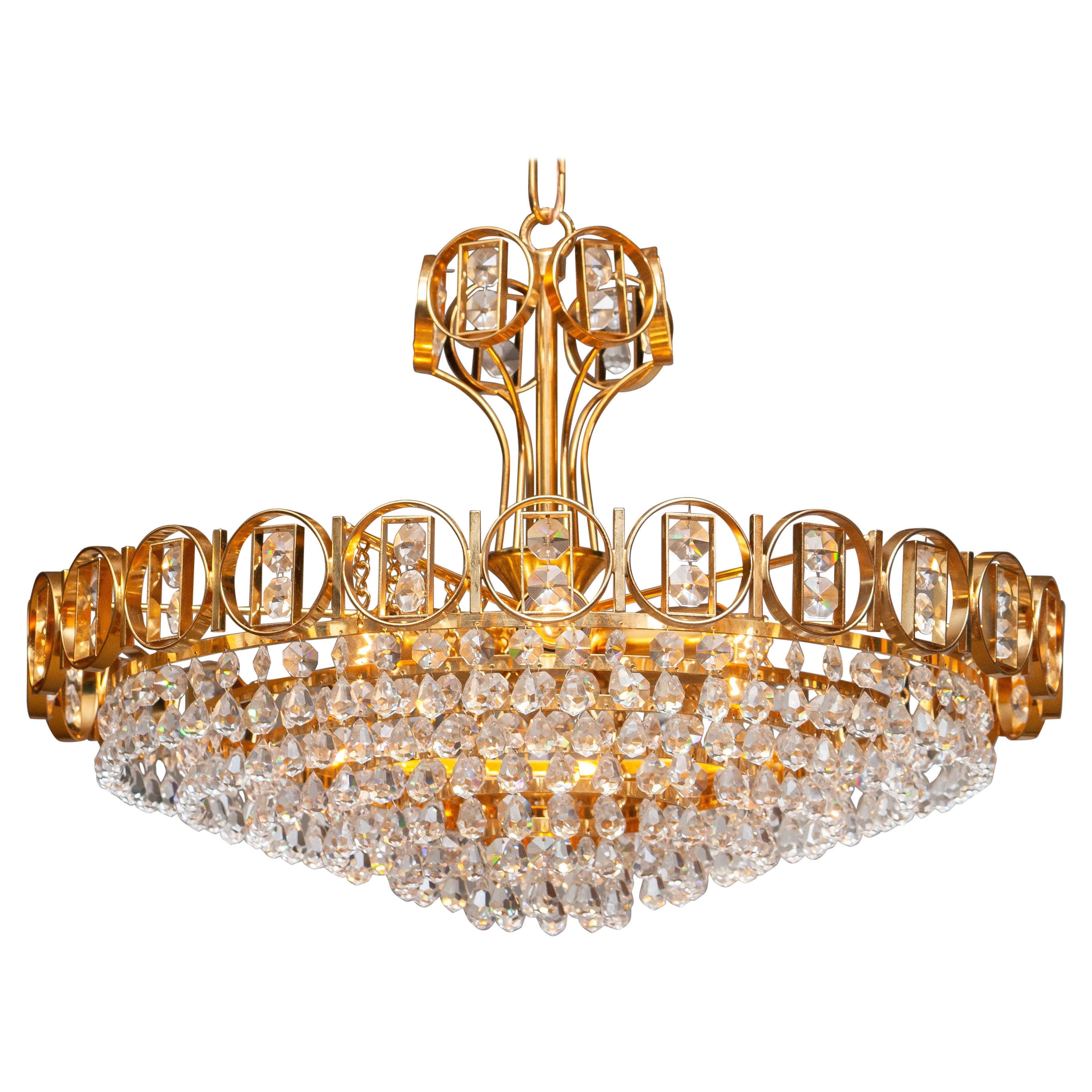 1970s, Gold-Plated Brass Chandelier with Faceted Crystals Made by Palwa, Germany