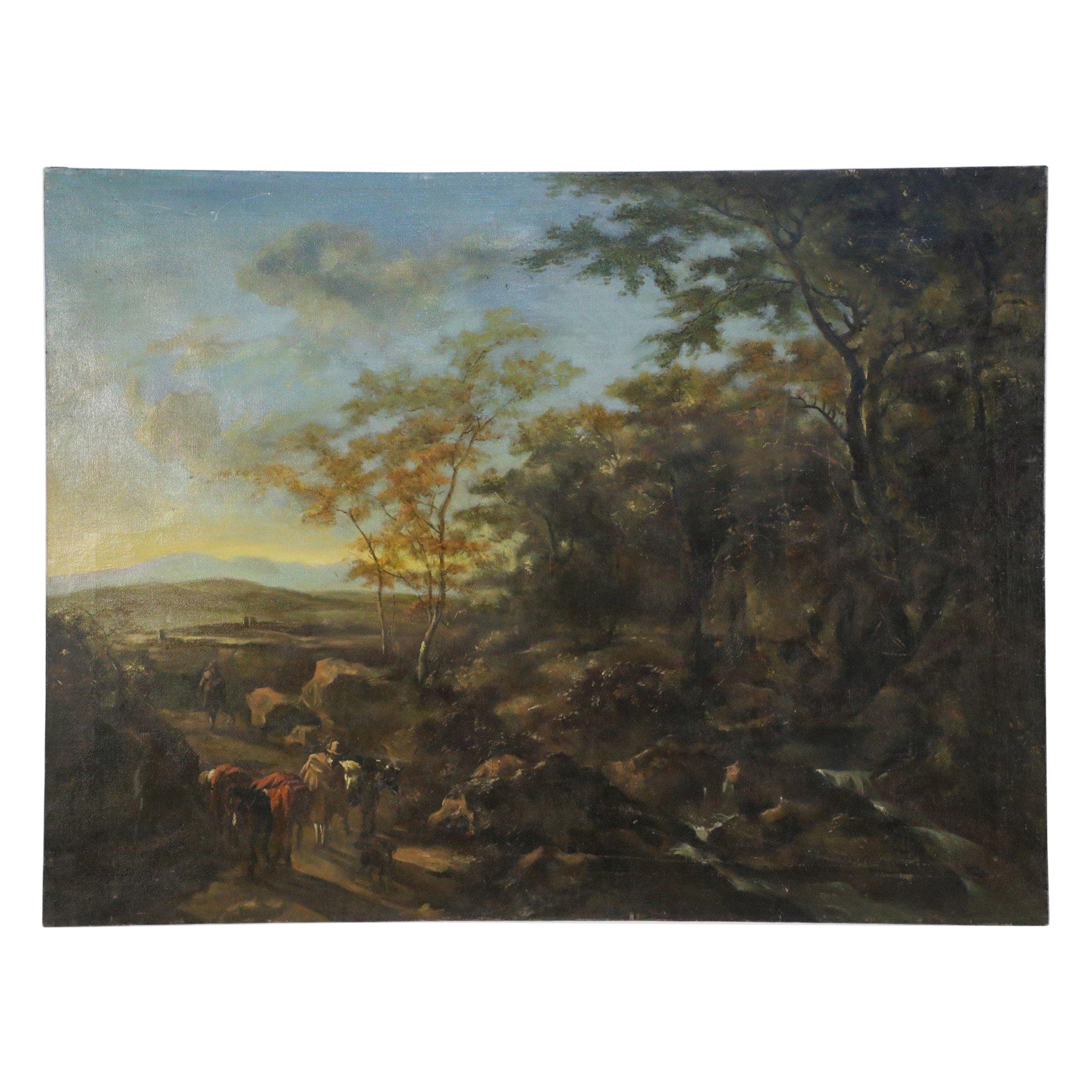 Peinture à l'huile sur toile - Paysage et voyageurs