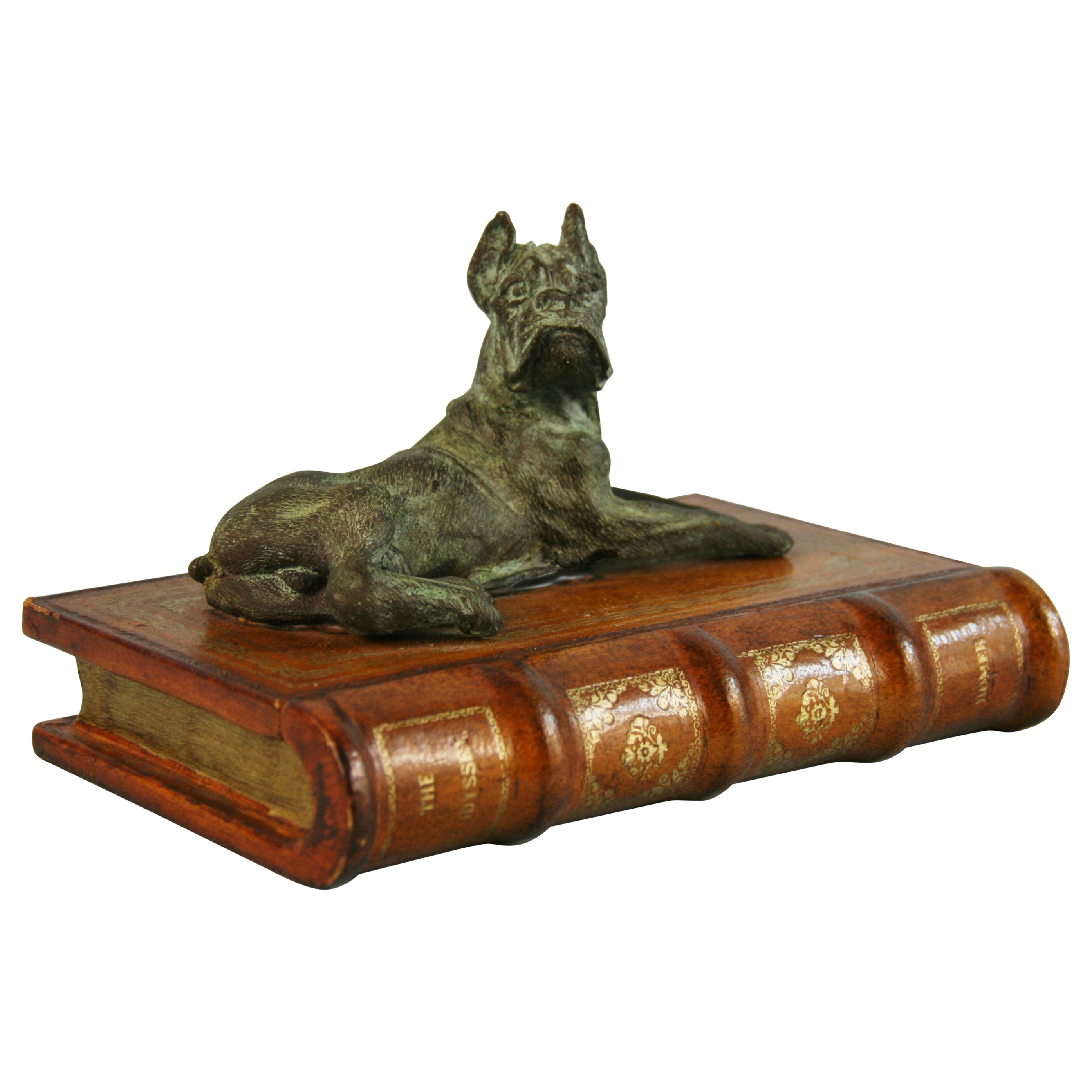 Italian Leather Book Box with Brass Boxer Dog Sculpture