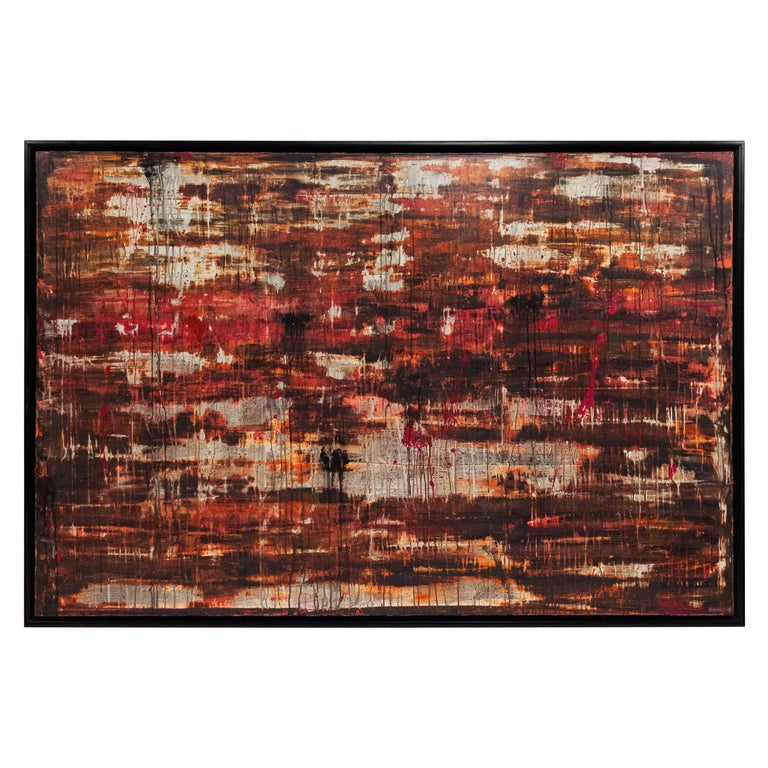 Abstract Red and White Painting in Black Frame For Sale