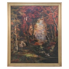 Framed Autumnal Wooded Path Oil Painting