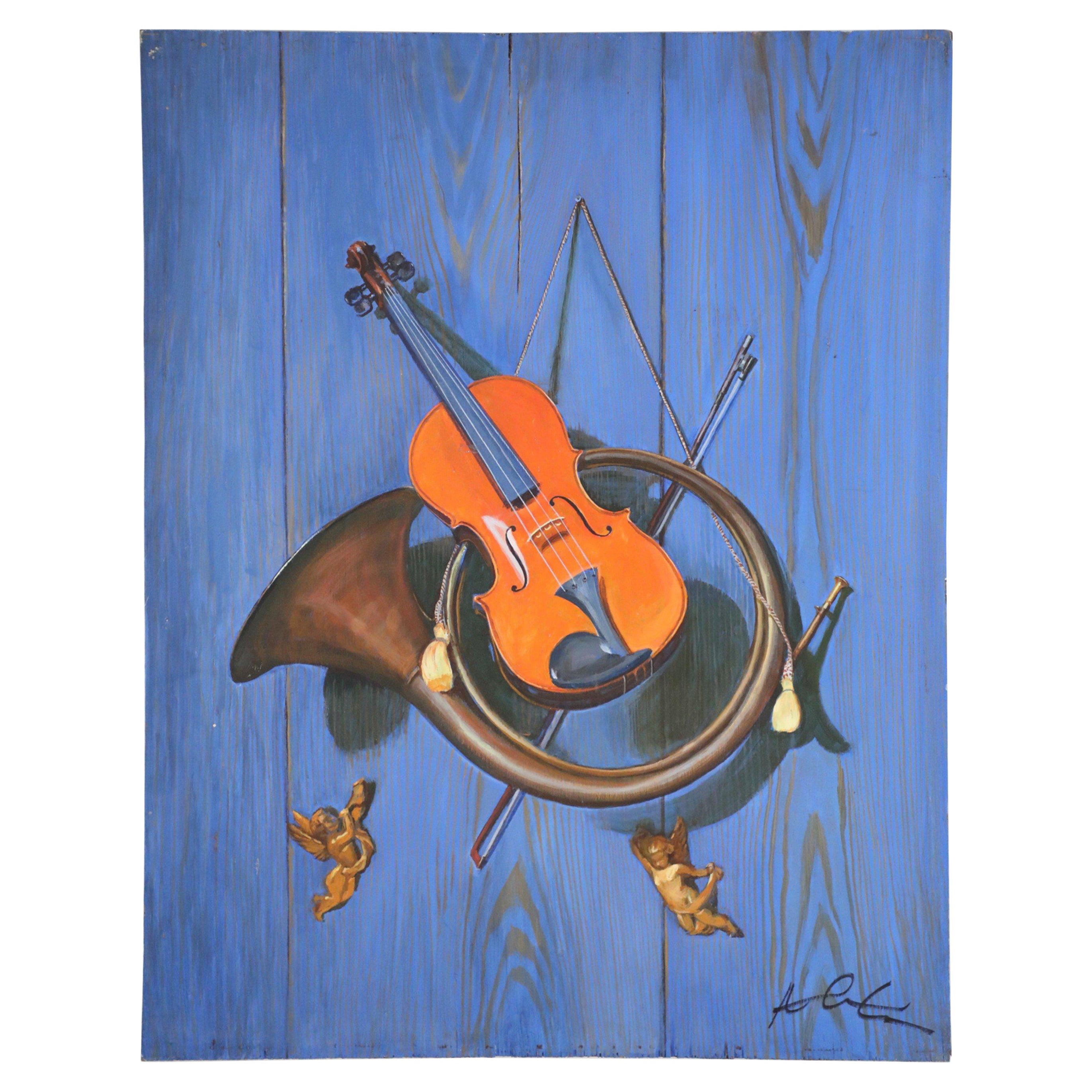 Nature morte vintage en laiton avec corne et violon, peinture sur bois