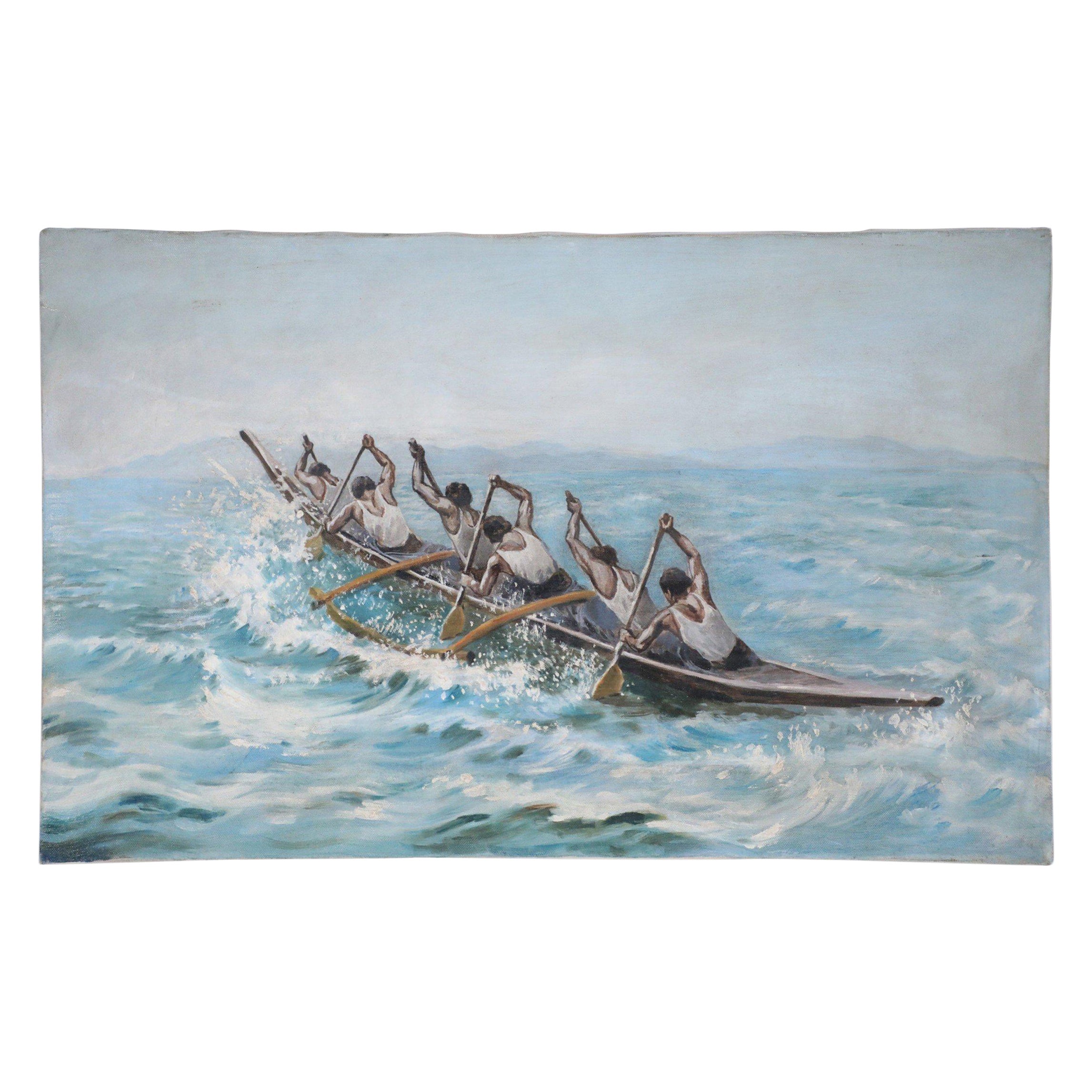 Peinture à l'huile sur toile - Équipe d'aviron au bord de la mer