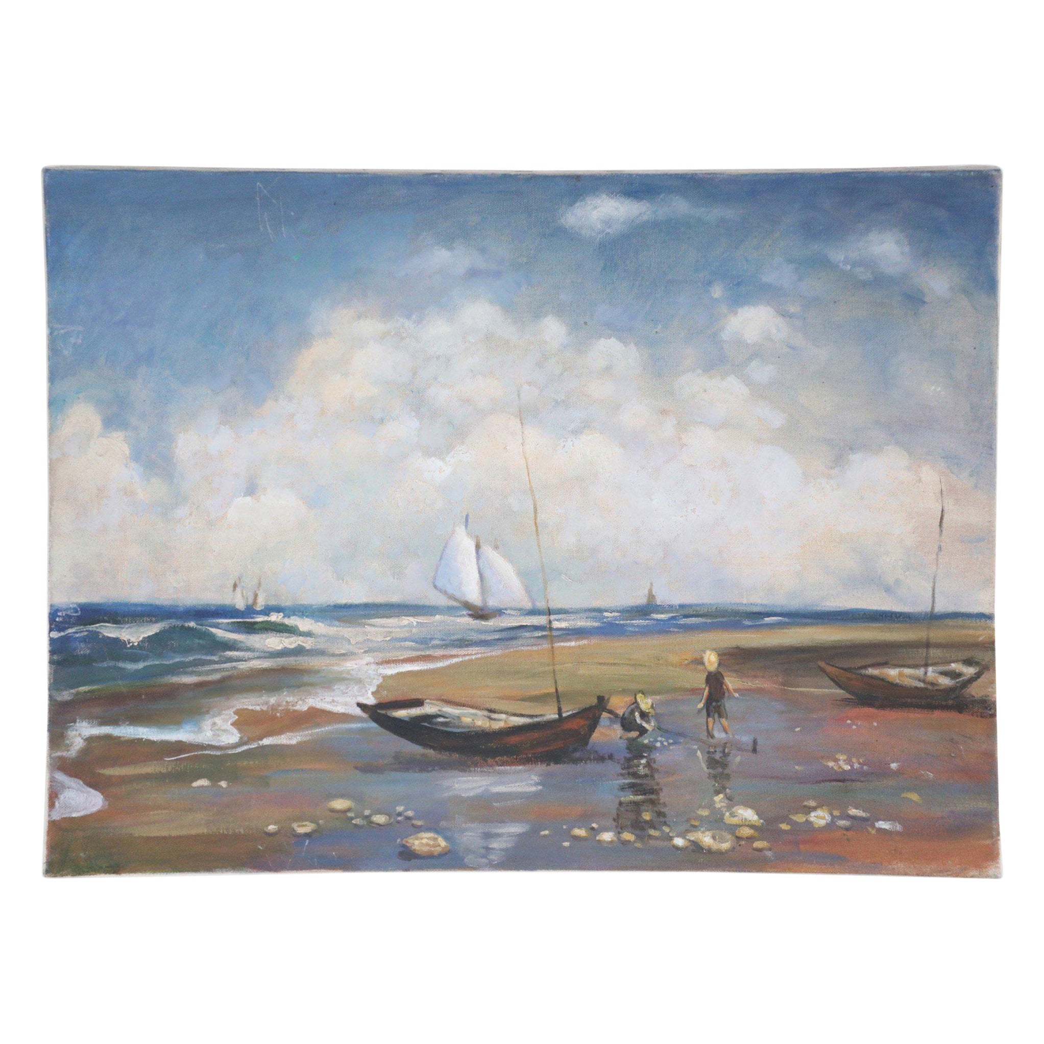 Fishermen and Sailboats Seascape Oil Painting on Canvas