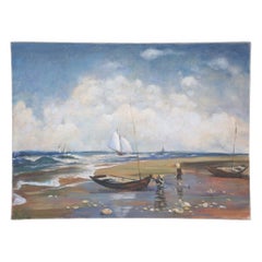 Vintage Fishermen and Sailboats Seascape Oil Painting on Canvas