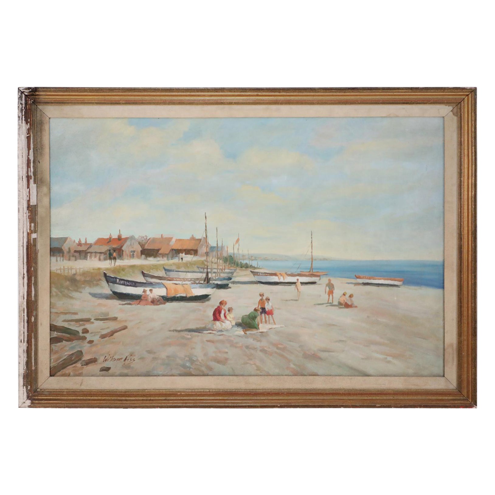 Peinture à l'huile encadrée - Paysage marin - Bateaux sur le rivage à la plage