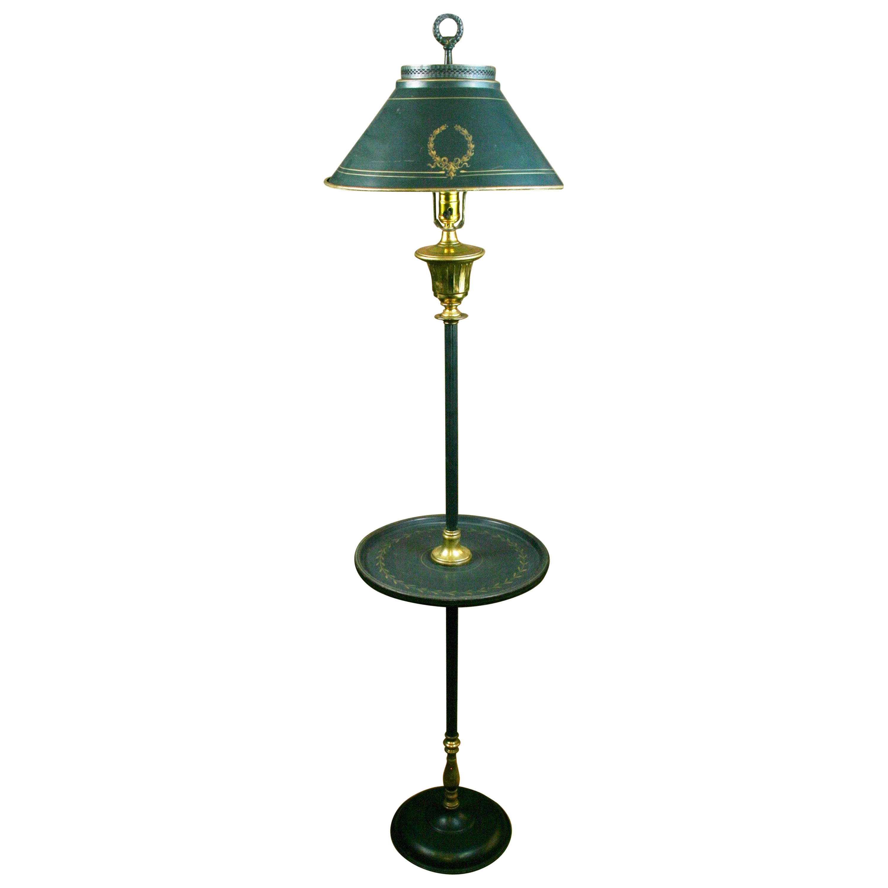 French Tole and Brass Floor Lamp with Floating Table, 1930's For Sale