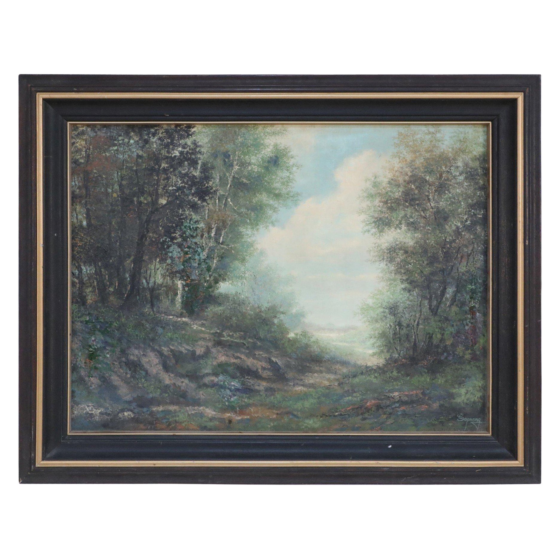 Peinture à l'huile d'un paysage encadrée représentant un chemin de forêt et des montagnes lointaines