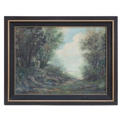 Vintage Framed Oil Landscape Painting of a Forest Path and Distant Mountains