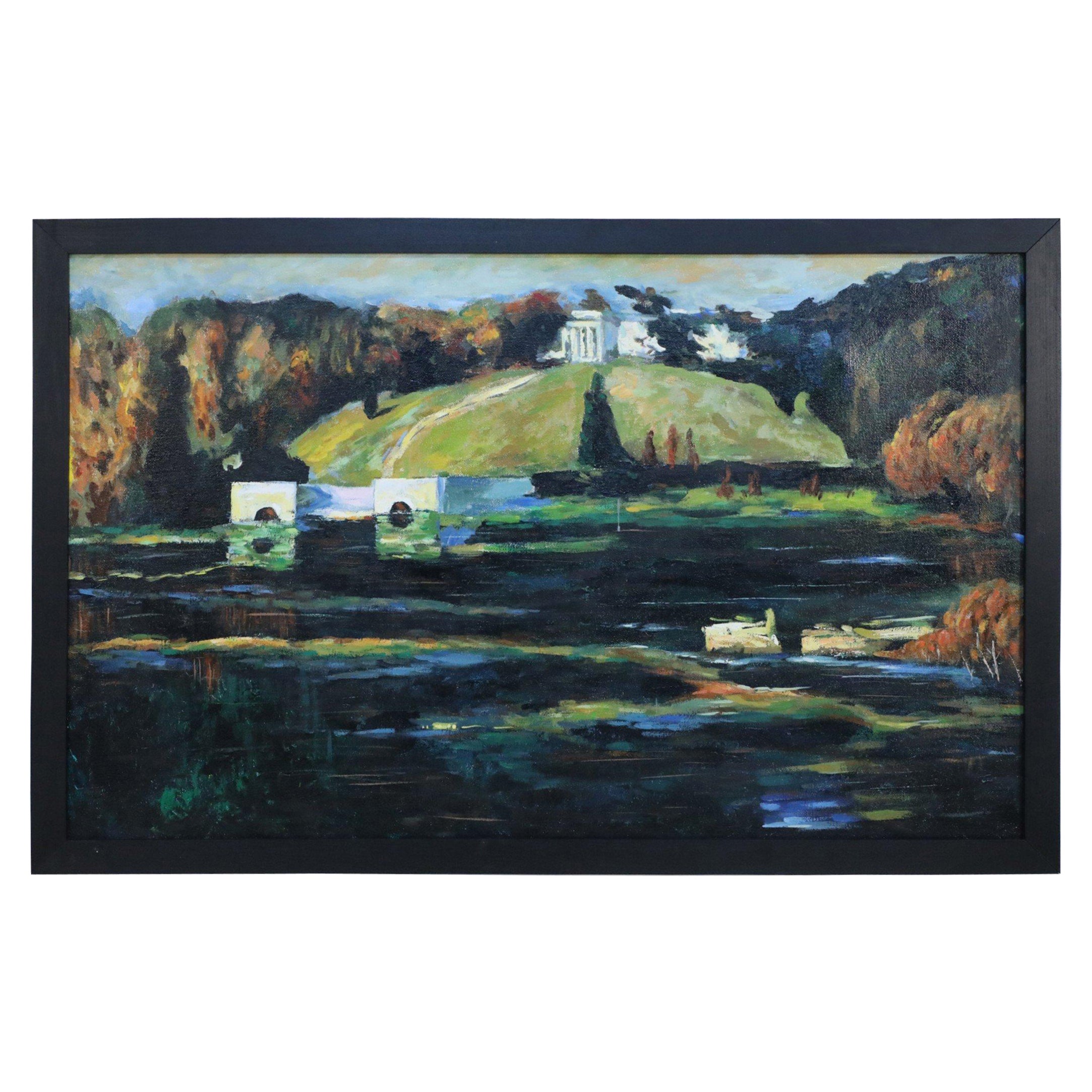 Peinture de paysage encadrée à l'acrylique représentant des immeubles de bord de lac à l'automne en vente