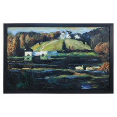 Framed Acrylic Landscape Painting of Lakeside Buildings in Autumn