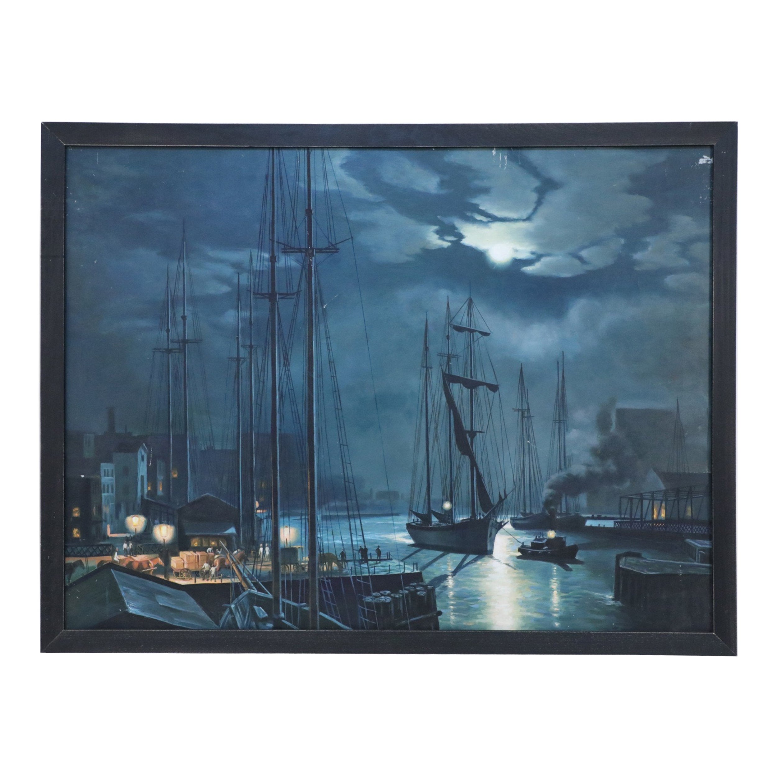 Peinture à l'huile de paysage marin du milieu du siècle dernier, encadrée, représentant des navires allant d'un chantier naval à la nuit