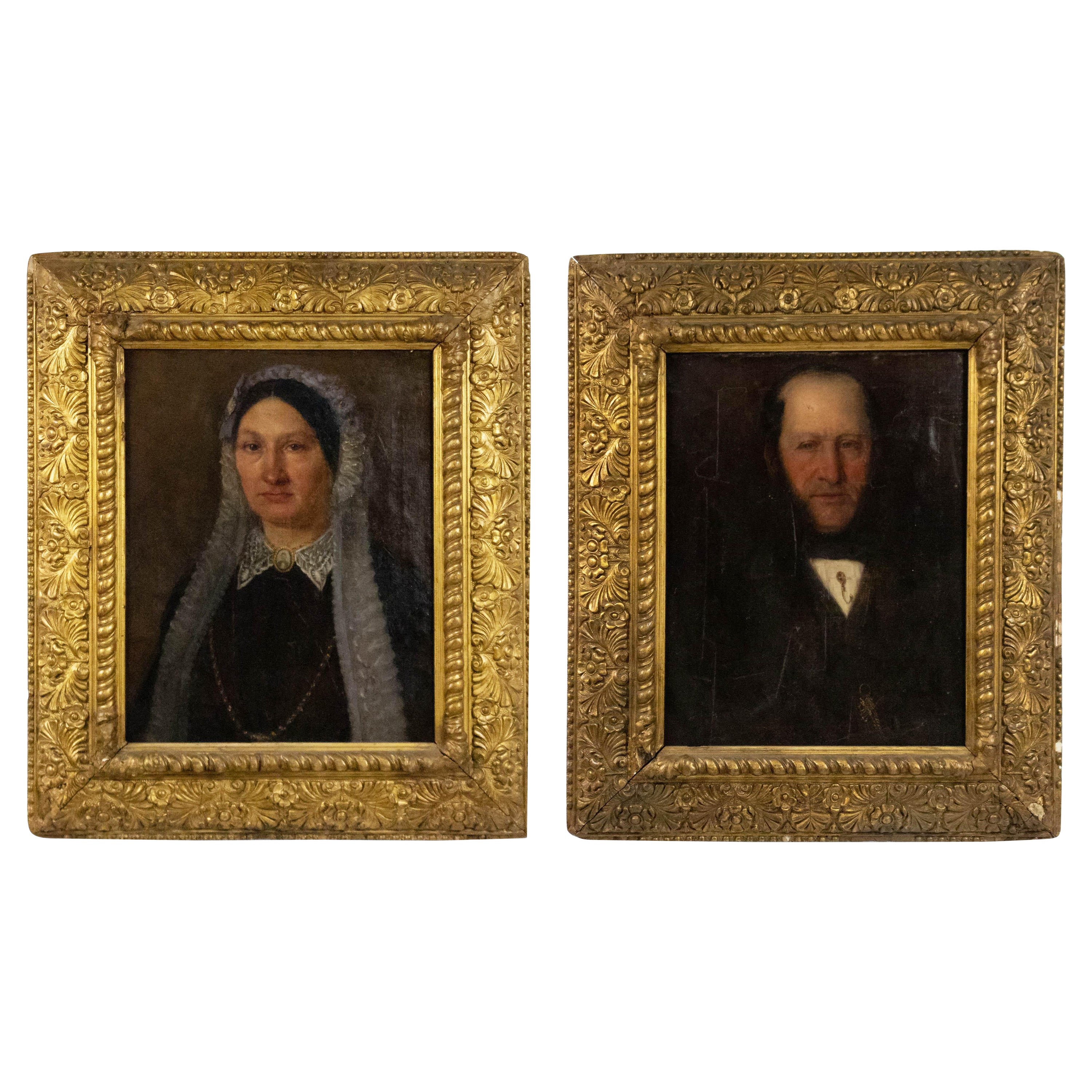 Pair of American Federal Male and Female Oil Painting Portraits For Sale