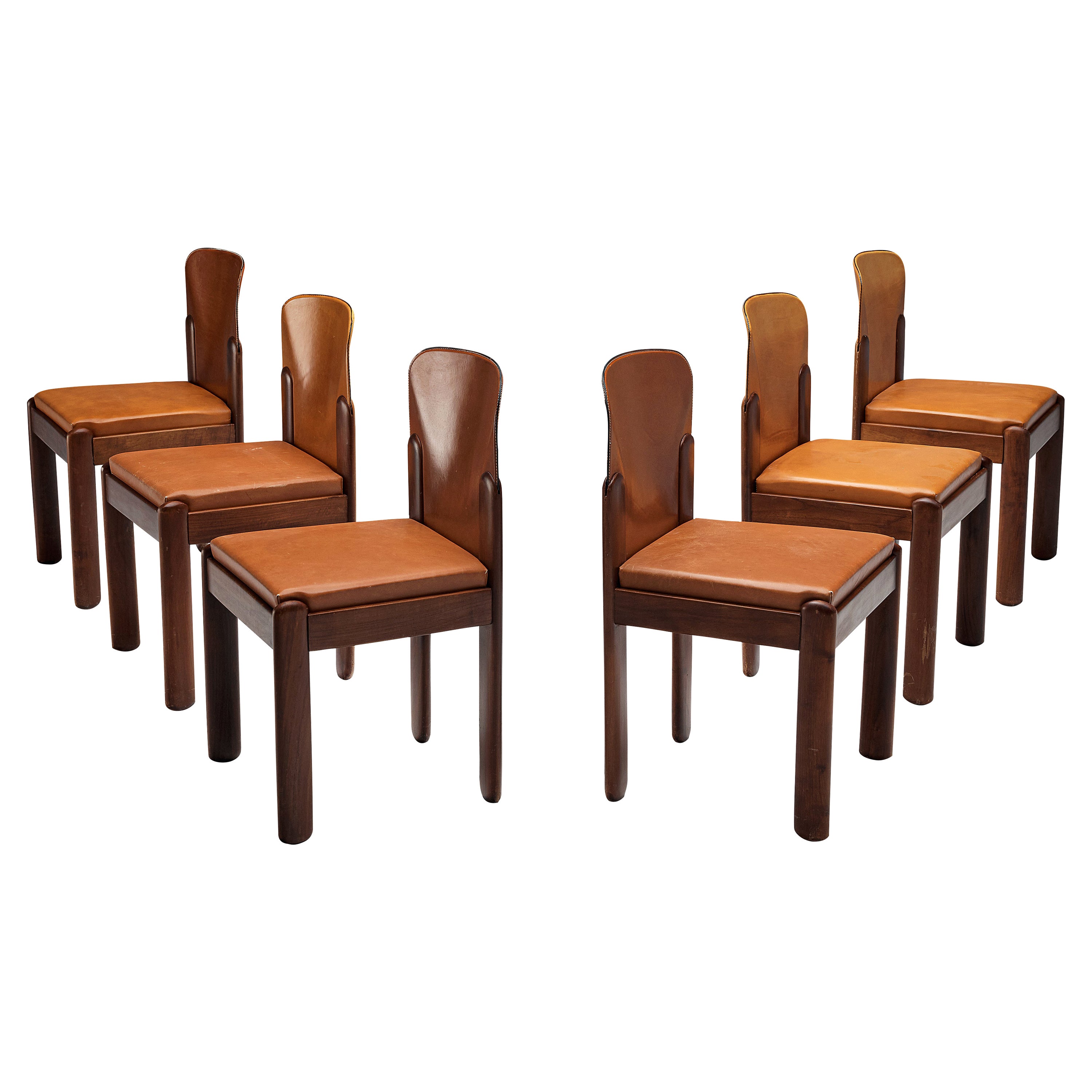 Silvio Coppola for Bernini Set of 6 Dining Chairs in Cognac Leather