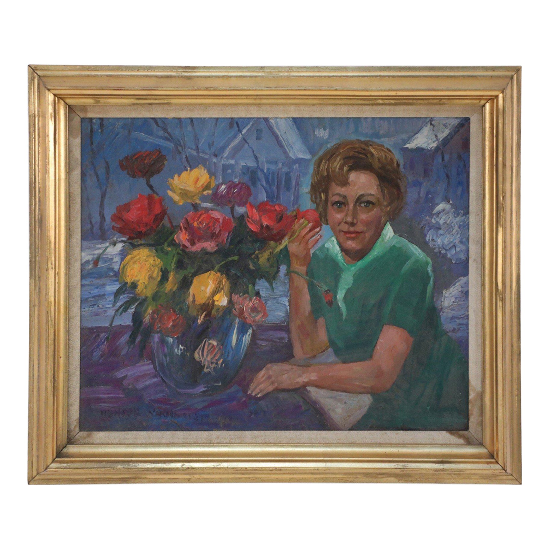 Portrait de femme encadré en vert avec fleurs, peinture à l'huile