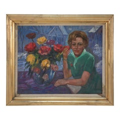 Framed Portrait of Woman in Green with Flowers Oil Painting