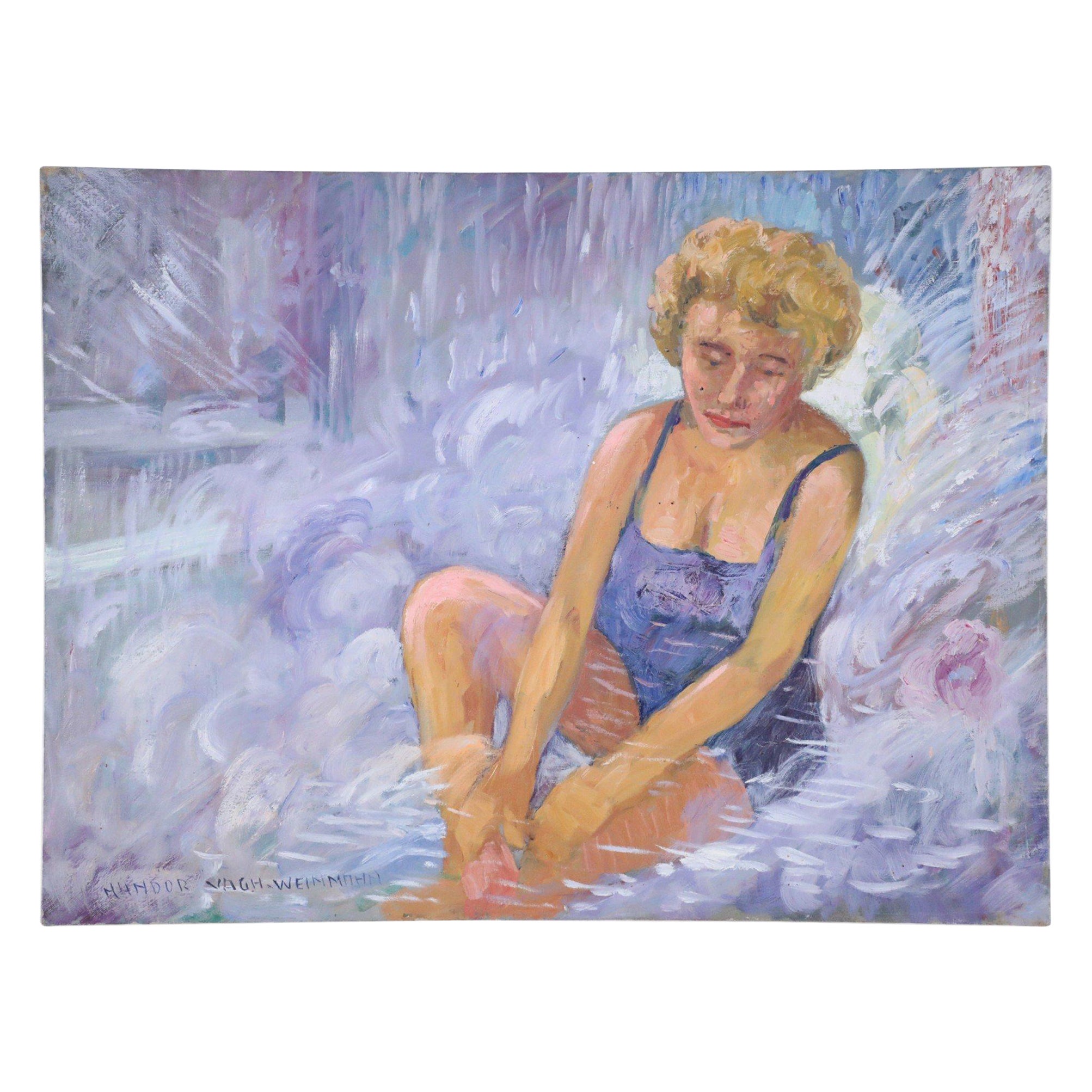 Woman in Bathing Suit Painting on Canvas For Sale