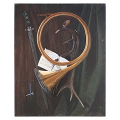Nature morte en corne de laiton, épée et bois de cerf peinte sur Wood