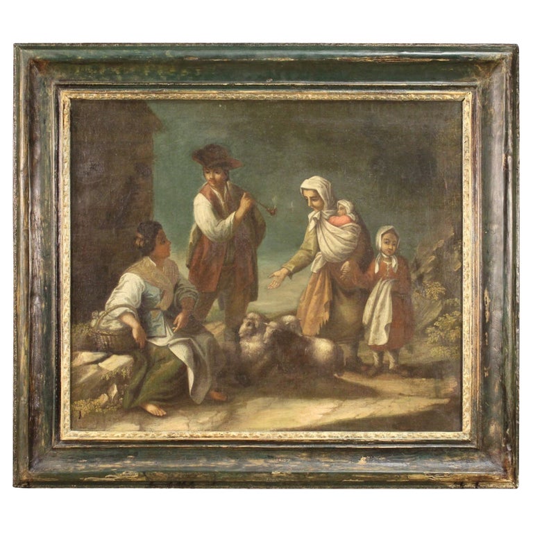 18th Century Oil on Canvas Antique French Genre Scene Painting, 1780 For Sale