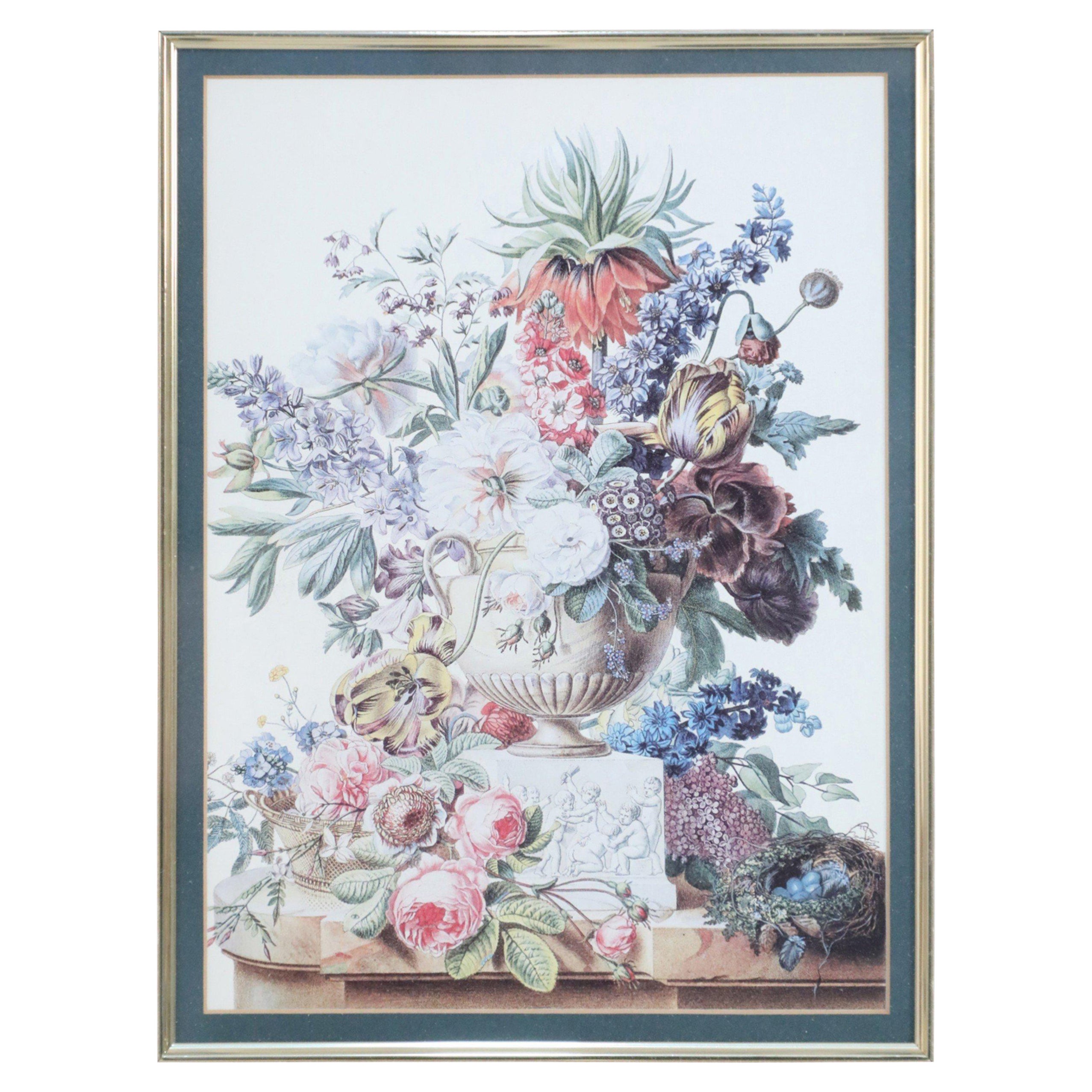 Framed Still Life Illustration of a White Marble Urn of Flowers and Bird's Nest For Sale