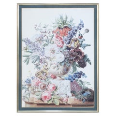 Vintage Framed Still Life Illustration of a White Marble Urn of Flowers and Bird's Nest